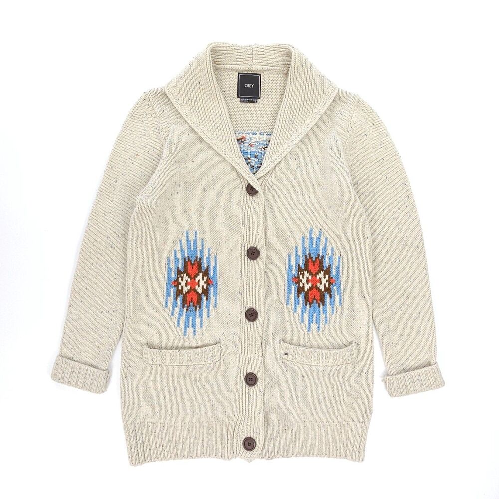 OBEY Wool Shawl Collar Aztec Cardigan Southwest Native Boho Indie Preppy Hipster
